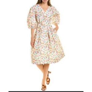 Tory Burch Taffeta dress Women Size 10 Floral Puff Sleeve Midi Pockets